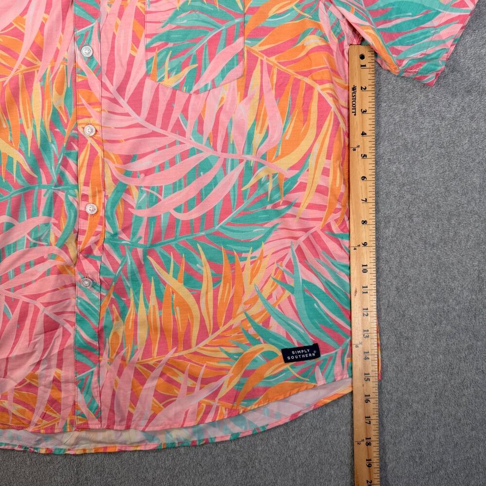 Simply Southern Tropical Button Down Shirt men's XL Short Sleeve Pink Green Palm - Picture 6 of 9